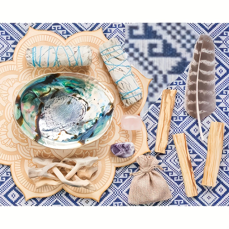 11pcs Sage Kit, Including 2 White Sage, 3 Palo Santo, Abalone Shell with Stand, And Crystal Stones. Perfect Gift Set for Christmas, Thanksgiving, Home & Party Decor,