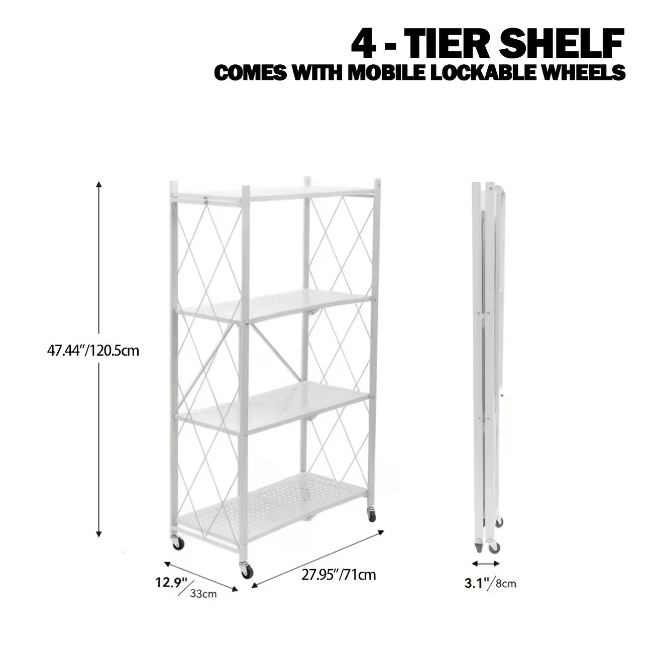 3/4/5-Tier Portable Multifunctional Storage Rack, Floor-Standing Storage Rack with Lockable Wheels, Space-Saving, No Assembly, Foldable Storage Shelf with Durable Carbon Steel Frame for Bedroom, Balcony, Garden, Standing Shelf