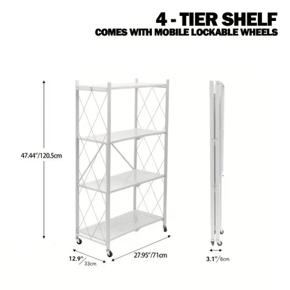 3/4/5-Tier Portable Multifunctional Storage Rack, Floor-Standing Storage Rack with Lockable Wheels, Space-Saving, No Assembly, Foldable Storage Shelf with Durable Carbon Steel Frame for Bedroom, Balcony, Garden, Standing Shelf