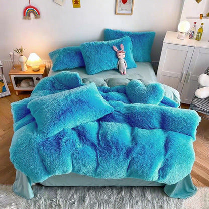 3/4pcs Plush Faux Fur Comforter Cover Set for Kids & Teens - Includes Pillowcases + Plush Heart Pillow - Twin/ Queen/ King Sizes - Super Soft, Warm, Machine Washable (Duvet Cover Only, No Comforter)