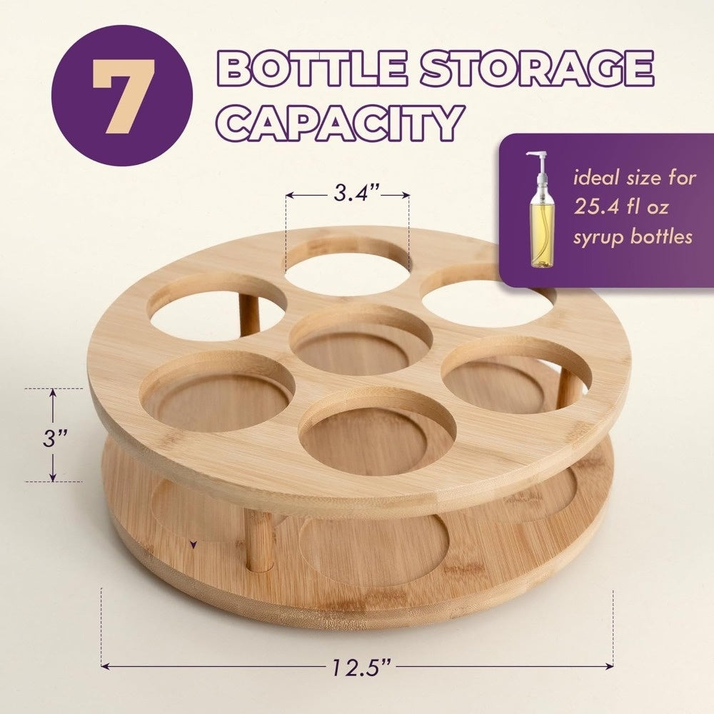 7-Bottle 360° Rotating Wooden Organizer with Protective Pad - Durable Coffee & Kitchen Syrup Rack for Bar, Living Room & Desktop - Easy Assembly, tidy desktop