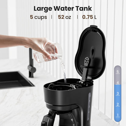 5 Cup Drip Coffee Maker with Coffee Pot, Easy to Operate, Dry Boil Protection, Anti-Drip Function, Auto Shut Off, Small Coffee Maker with 25.36oz Water Tank, for Home & Office, Black