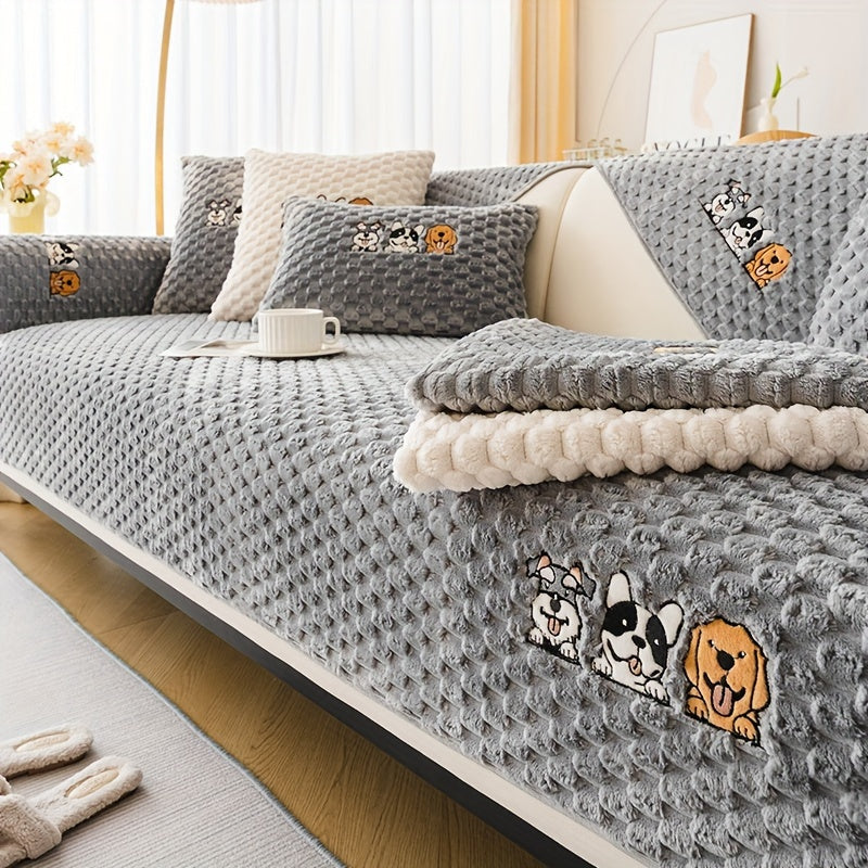 [Pet-Friendly | Velvet] Pet-Friendly Non-Slip 1pc Honeycomb Velvet Sofa Slipcover | Cute Cartoon Dog Embroidery, Bohemian Style Home Decor, Machine Washable Polyester Fabric, Grey, Couch Covers for Sofa