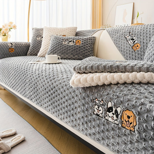 Velvet Sofa Slipcover Honeycomb Texture 1pc - Cute Dog Embroidery Bohemian Style Non-Slip Pet Friendly Machine Washable Polyester Couch Cover | Gray Khaki White | 2 3 4 Seat Living Room Home Decor