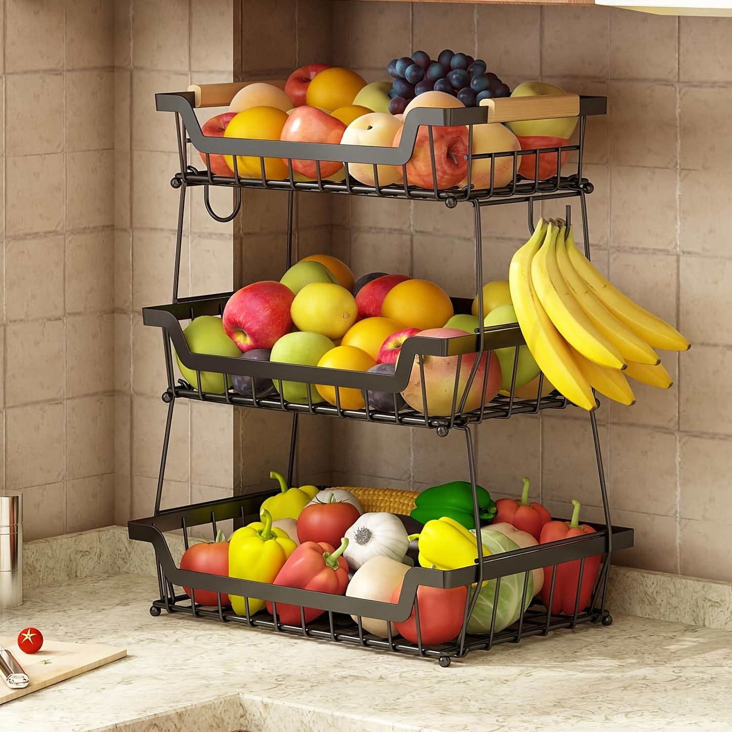 2-Tier Countertop Fruit Basket With 2 Banana Hangers For Kitchen, Detachable Metal Organizer For Bread Vegetable Fruits With Wooden Handle, Large Capacity Rectangular Storage Stand Bowls, Black