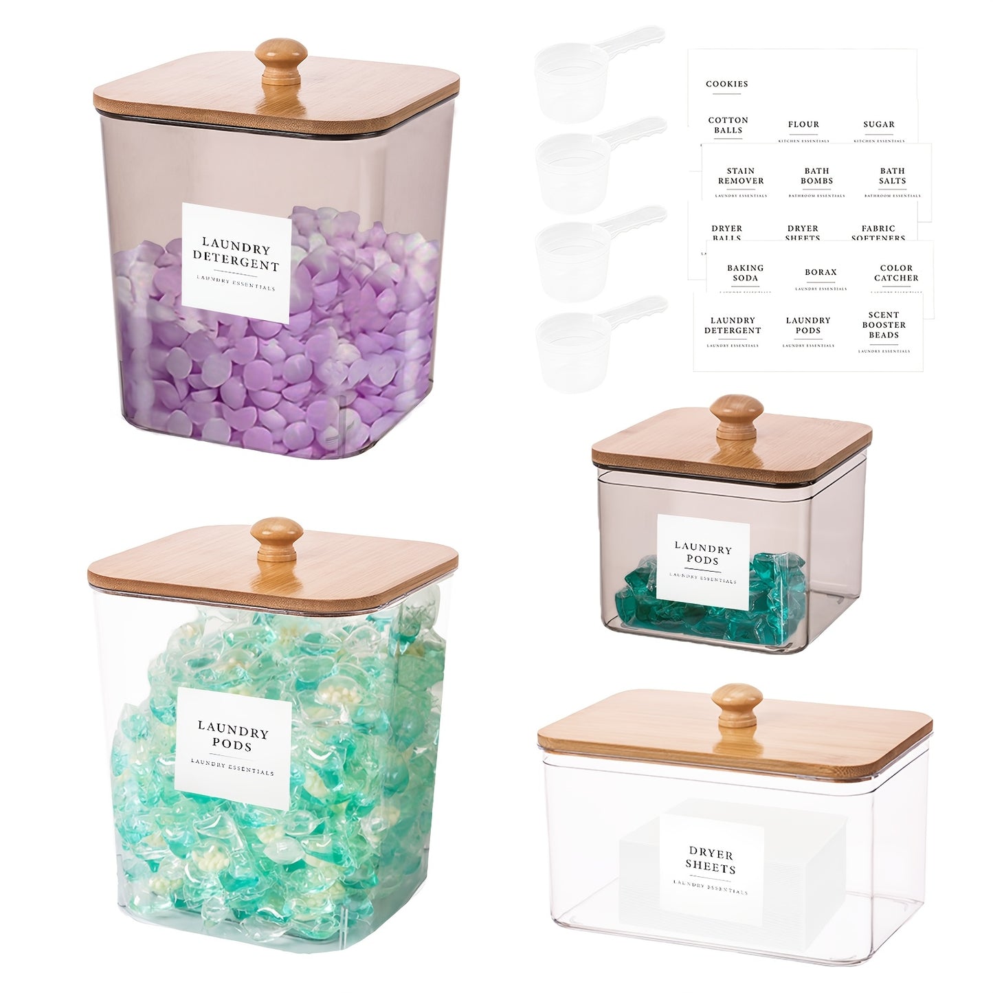 Containers for a Set of Four Laundry Pods, Designed for Storing Laundry Detergent And Organizing The Laundry Area, Complete with Lids, Scoops, And Labels for Detergent, Dryer Balls, And Bead Containers