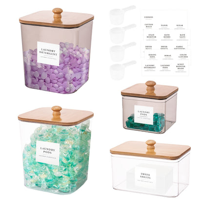 Containers for a Set of Four Laundry Pods, Designed for Storing Laundry Detergent And Organizing The Laundry Area, Complete with Lids, Scoops, And Labels for Detergent, Dryer Balls, And Bead Containers