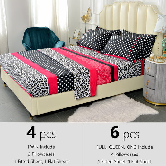 4/6pcs Printed Microfiber Bed Sheet Set – Easy Care, Lightweight, Breathable, and Soft - 14 inches Deep Pocket - Patchwork Patterned - Twin, Full, Queen and King