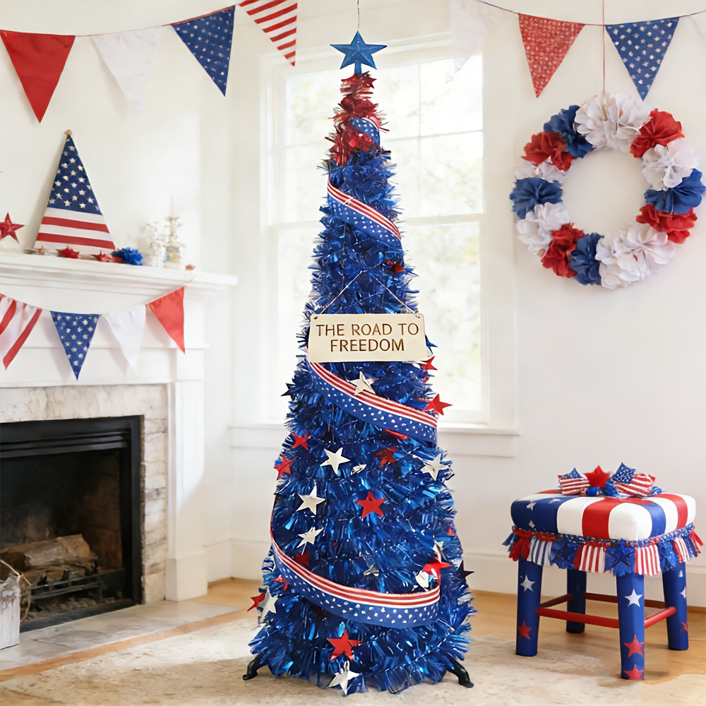 July 4th American Independence Day Foldable 5ft Decorative Tree, LED Light String with Red and Blue Stars and Stripes Patriotic Theme Decoration, American National Day Blue Christmas Tree, Gift for Friends, Summer Gift, Party Gift