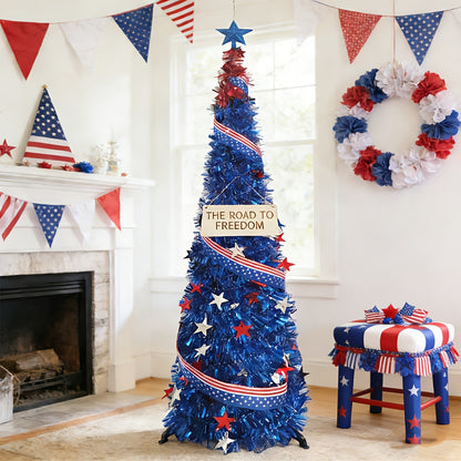 July 4th American Independence Day Foldable 5ft Decorative Tree, LED Light String with Red and Blue Stars and Stripes Patriotic Theme Decoration, American National Day Blue Christmas Tree, Gift for Friends, Summer Gift, Party Gift