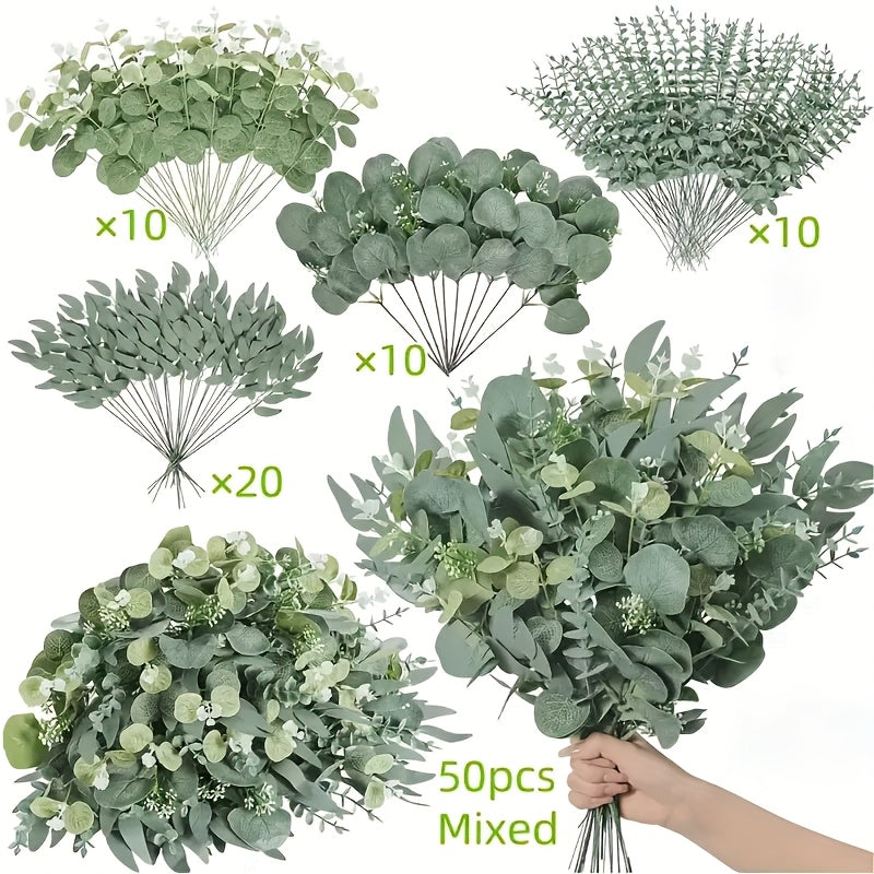 50/56pcs Bulk Artificial Eucalyptus Flowers & Stems with 4 Leaf Varieties - Realistic DIY Wedding, Valentine's, St. Patrick's Day, Spring Decorations - Lifelike Green Foliage Bouquets with White Flowers, Durable Plastic Blooms for Home, Office