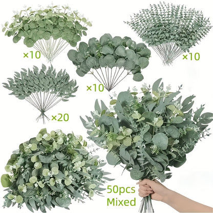 50/56pcs Bulk Artificial Eucalyptus Flowers & Stems with 4 Leaf Varieties - Realistic DIY Wedding, Valentine's, St. Patrick's Day, Spring Decorations - Lifelike Green Foliage Bouquets with White Flowers, Durable Plastic Blooms for Home, Office