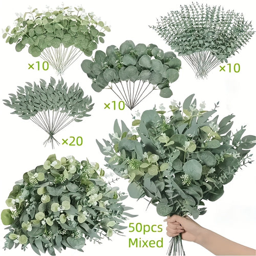 50/56pcs Bulk Artificial Eucalyptus Flowers & Stems with 4 Leaf Varieties - Realistic DIY Wedding, Valentine's, St. Patrick's Day, Spring Decorations - Lifelike Green Foliage Bouquets with White Flowers, Durable Plastic Blooms for Home, Office