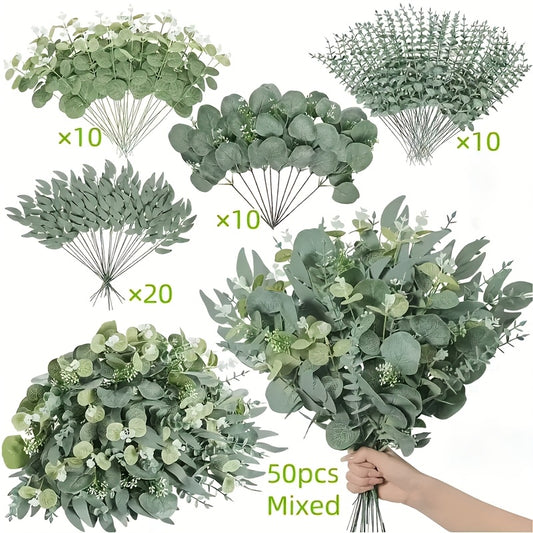 50/56pcs Bulk Artificial Eucalyptus Flowers & Stems with 4 Leaf Varieties - Realistic DIY Wedding, Valentine's, St. Patrick's Day, Spring Decorations - Lifelike Green Foliage Bouquets with White Flowers, Durable Plastic Blooms for Home, Office