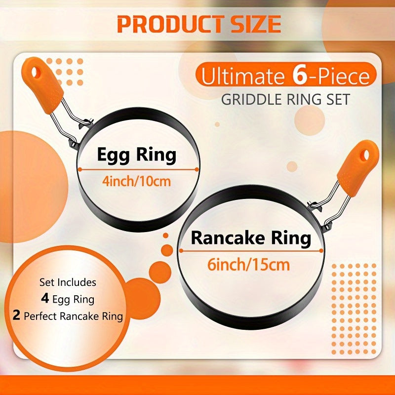 Professional Egg Ring & Pancake Ring Set - Heavy-Duty Non-Stick Breakfast Cookware with Orange Silicone Handle, Round Griddle Shapers for Omelettes, Sandwiches, Pancakes - Even Heating, Easy Flip & Clean, Durable Kitchen for Home & Commercial Use