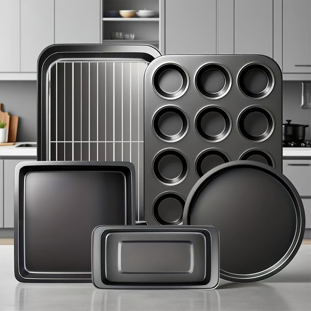 2/6/7/8/12/16/18pcs Non-Stick Baking Pan Set for Kitchen Oven, Baking Set with Round/Square Cake Pans, Bread Bags, Muffin Cups, Pizza Pan, Bread Scraper, Whisk, Spatula, Wire Rack, Measuring Spoon, Muffin Pan, Bread Pan, Baking Sheet, Cookie Sheet