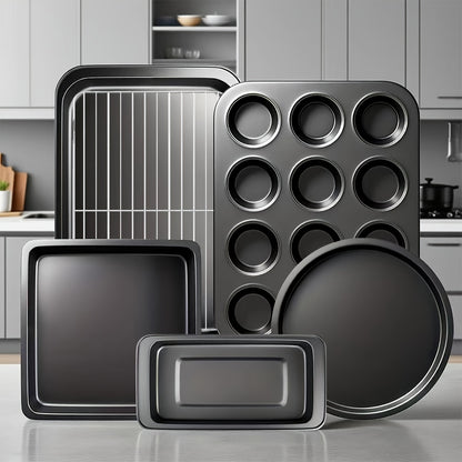 2/6/7/8/12/16/18pcs Non-Stick Baking Pan Set for Kitchen Oven, Baking Set with Round/Square Cake Pans, Bread Bags, Muffin Cups, Pizza Pan, Bread Scraper, Whisk, Spatula, Wire Rack, Measuring Spoon, Muffin Pan, Bread Pan, Baking Sheet, Cookie Sheet