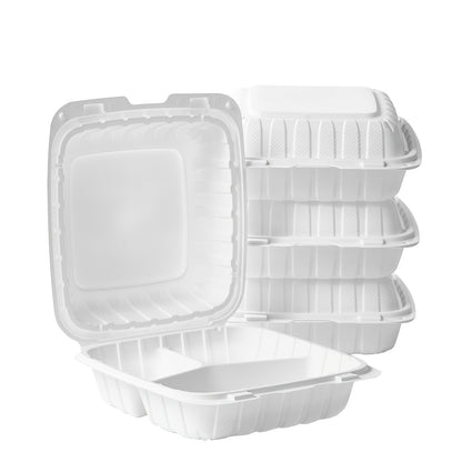 Disposable Food Containers Take Out Boxes with Lids - 7" 8" 9" Plastic Clamshell Meal Prep Containers BPA Free 1 & 3 Compartment Heavy Duty Reusable White