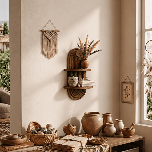 Floating Shelves Wood 2-Tier Bohemian Rainbow Arch Wall Shelf Hanging Plant Stand Flower Pot Display Rack Living Room Bedroom Kitchen Entryway Decor