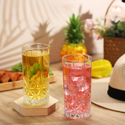 Set Of 12 Tall Highball Glasses 12oz Crystal Drinking Glasses Clear Fancy Glass Cups Vintage Textured Designer Glassware for Cocktail Tea Water Beer Soda Beverages, Dishwasher Safe