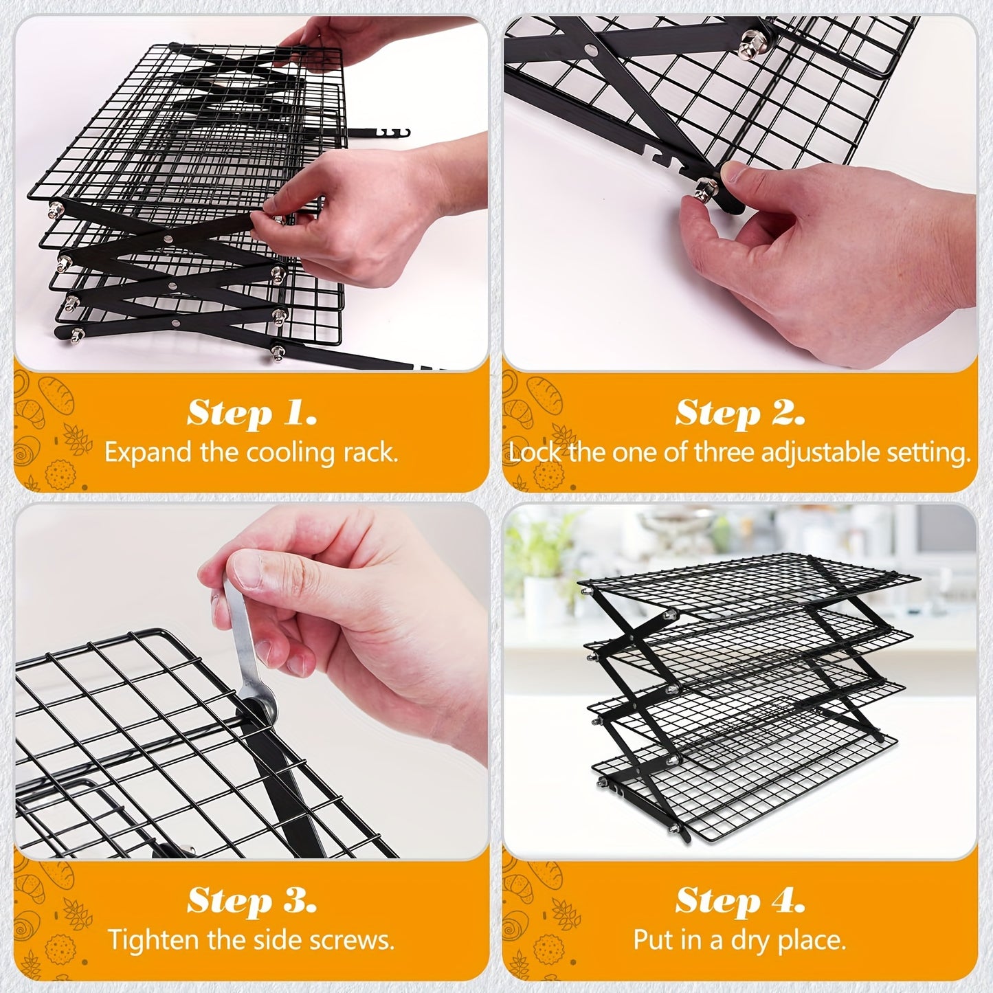 Collapsible Cooling Rack, Metal Wire Baking Tray, Stackable Drying Rack with Adjustable Four-Position Design, Suitable for Grilling While Camping, Ideal for Baking And Cooling And Cakes