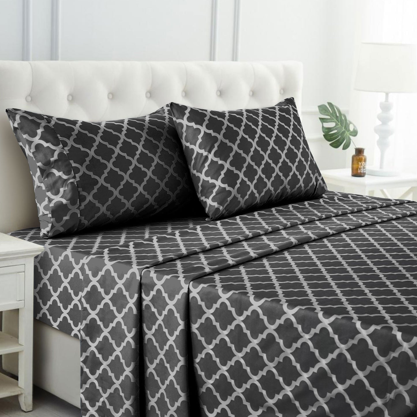 Lux Decor 4 Pieces Quatrefoil Bed Sheets - Stylish Comfy Bedding Set - Hotel Luxury Skin Friendly Cooling Sheets & Pillowcases Without Filler - Classic Collection With 16 Inches Deep Pocket - Shrinkage & Fade Resistant