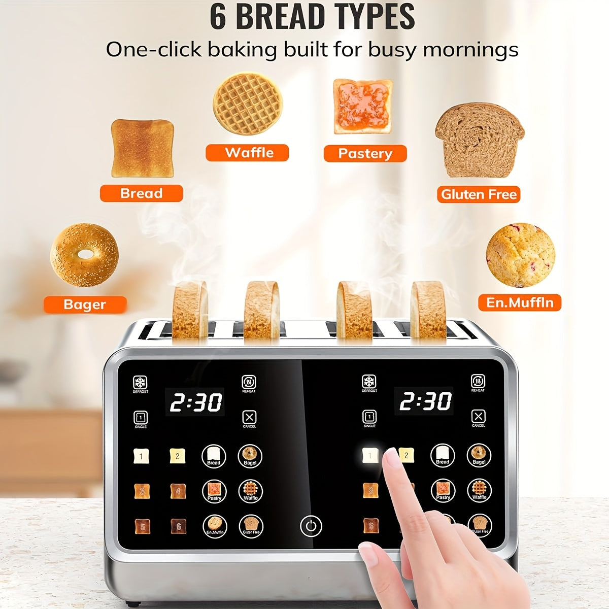 4-Slice Digital Smart Toaster with Touchscreen | Dual Control Panel, Single Slot Toasting, Timer, Reheat & Defrost Functions for Bagels, Bread & Waffles – Stainless Steel Kitchen Essential