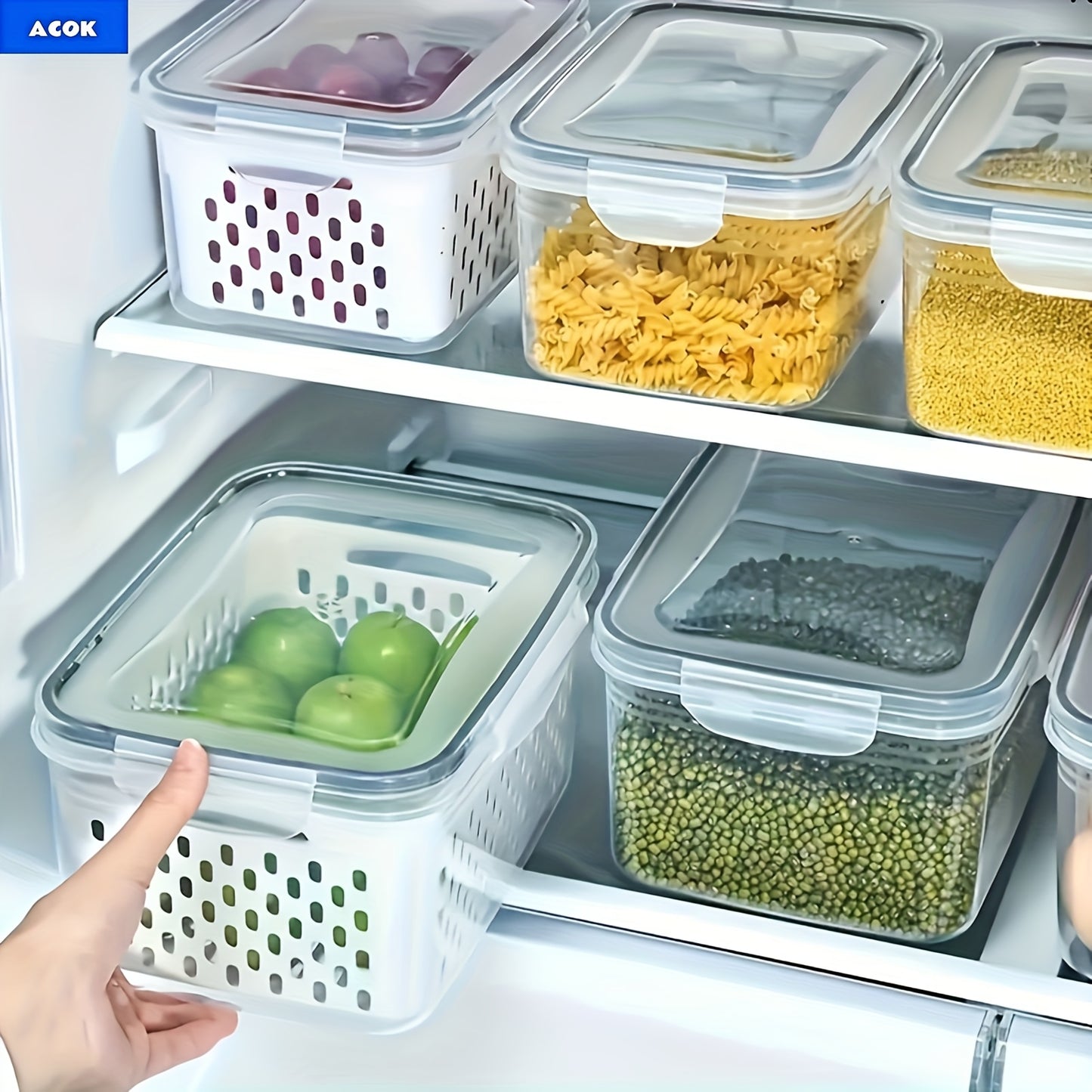 6pcs(2 Crisperboxes+2 Drainbaskets+2-piecelid) BPA-Free Plastic Food Storage Containers Set WithDrain Baskets And Lids- Leak-Proof, Freezer-Safe, Reusable Multipurpose Kitchen Organizers for FruitsVegetaples, And Food Christmas Essentials