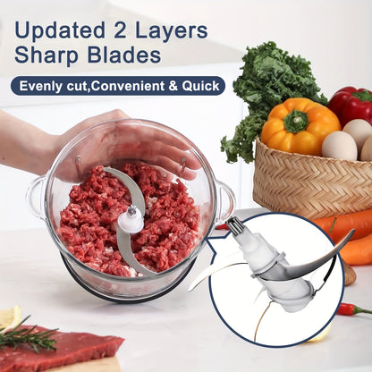 Electric Food Chopper Featuring Two Bowls And Dual-Level Blades, Suitable for Grinding Meats, Preparing Salads, Chopping Nuts, And More. Ideal for Home And Kitchen Use