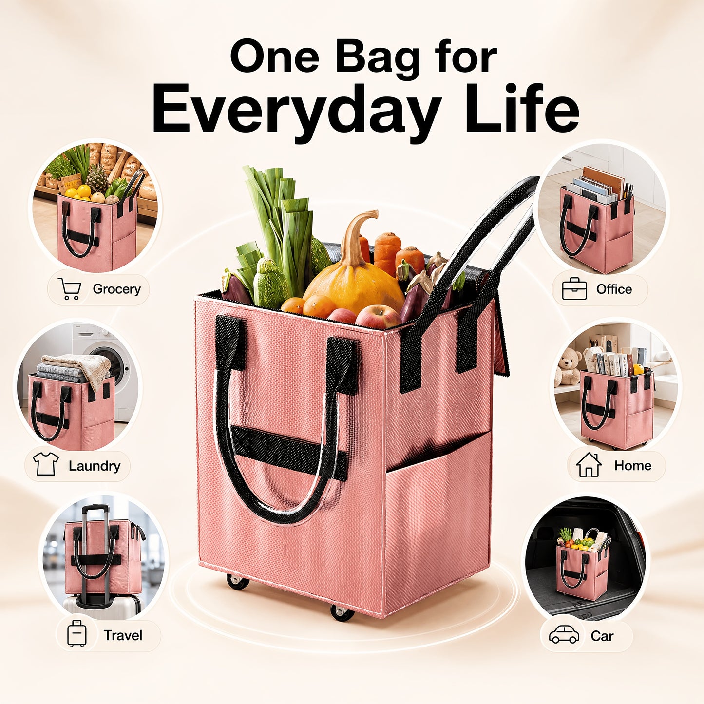 16 Gallon Extra Large Rolling Grocery Bag with Wheels, 60L Heavy Duty Foldable Shopping Cart, Waterproof Thickened Material Travel Tote, Metallic Rose Golden/Black/Silver Multi-Functional Utility Bag