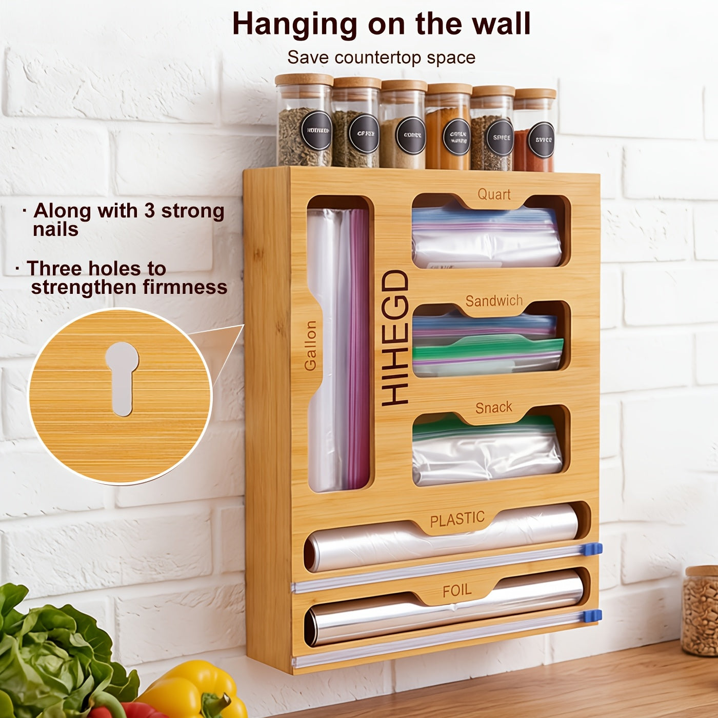 Bamboo Wrap Dispenser 6-in-1 Kitchen Organizer – Built-In Cutter, 6-Grid Storage Box for Plastic Wrap, Aluminum Foil & Bags, Space-Saving Drawer Organizer for Pantry & Kitchen Counter