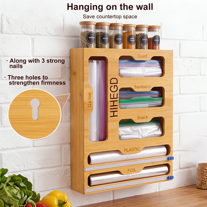 Bamboo Wrap Dispenser 6-in-1 Kitchen Organizer – Built-In Cutter, 6-Grid Storage Box for Plastic Wrap, Aluminum Foil & Bags, Space-Saving Drawer Organizer for Pantry & Kitchen Counter