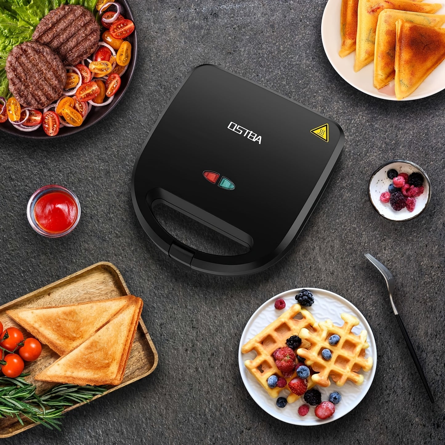 OSTBA Sandwich Maker, 3-in-1 Panini Press Waffle Iron Set, 3 Removable Non-Stick Plates 750 W, Perfect for Sandwiches Grilled Cheese Steak, Black