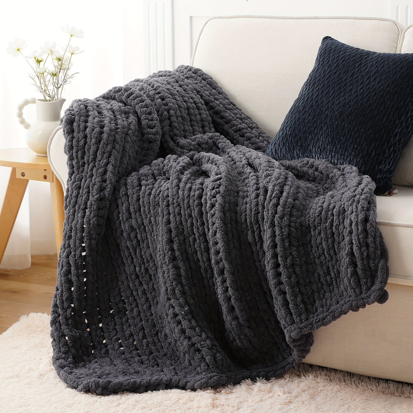 50"x60" Chunky Throw Blanket, Super Warm Soft Chenille Yarn Cable Blankets And Throws Cozy Thick Crochet Blanket for Sofa Bed Couch