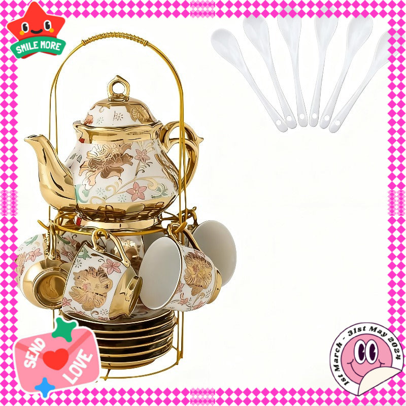 20pcs Premium Italian Teapot And Teacup Set, 20pcs Floral Ceramic Tea Set with Saucers, European Afternoon Tea Service Including Metal Stand, Blooming Design Cups, Complete Tea Accessories, Perfect Gift for Tea Lovers, Ideal for Special Occasions