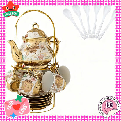 20pcs Premium Italian Teapot And Teacup Set, 20pcs Floral Ceramic Tea Set with Saucers, European Afternoon Tea Service Including Metal Stand, Blooming Design Cups, Complete Tea Accessories, Perfect Gift for Tea Lovers, Ideal for Special Occasions