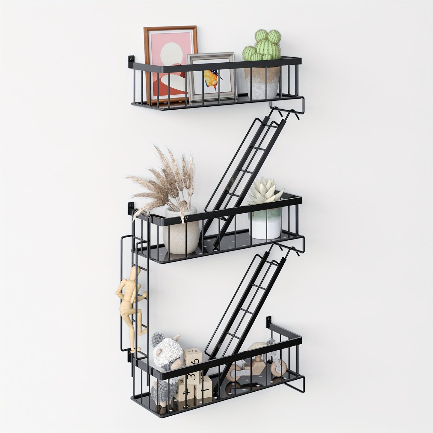TOMNK Fire Escape Wall Shelf - Decorative Ladder Shelf, Wall Art Floating Shelf Black Metal Shelves For Bedroom, Home Office Storage And Display (3-Tier), Room Decor, Bathroom Decor, Floating Shelves