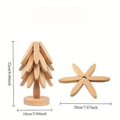 Solid Wood Heat Insulation Mat Set, Heat-Resistant Table Mats, Tree-Shaped Design, High-Quality Exquisite Coasters for Home Use, Heat-Resistant Tableware Mats, Natural Foldable Wooden Kitchen Tripod, Suitable for Hot Dishes, Pots, Bowls, And Teapots