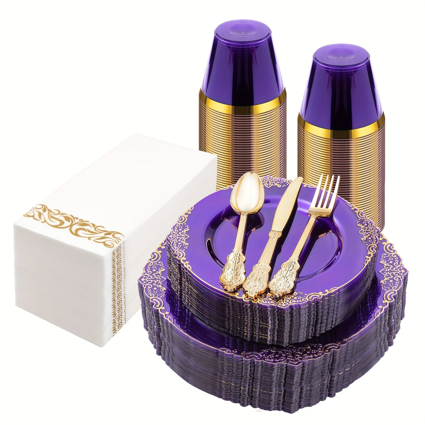 175pcs Clear Purple Plastic Plates for 25 Guests, Disposable Plates with Golden Trim Include 25 Dinner Plates, 25 Dessert Plates, 75 Golden Silverware, 25 Cups, 25 Napkins for Party, Wedding