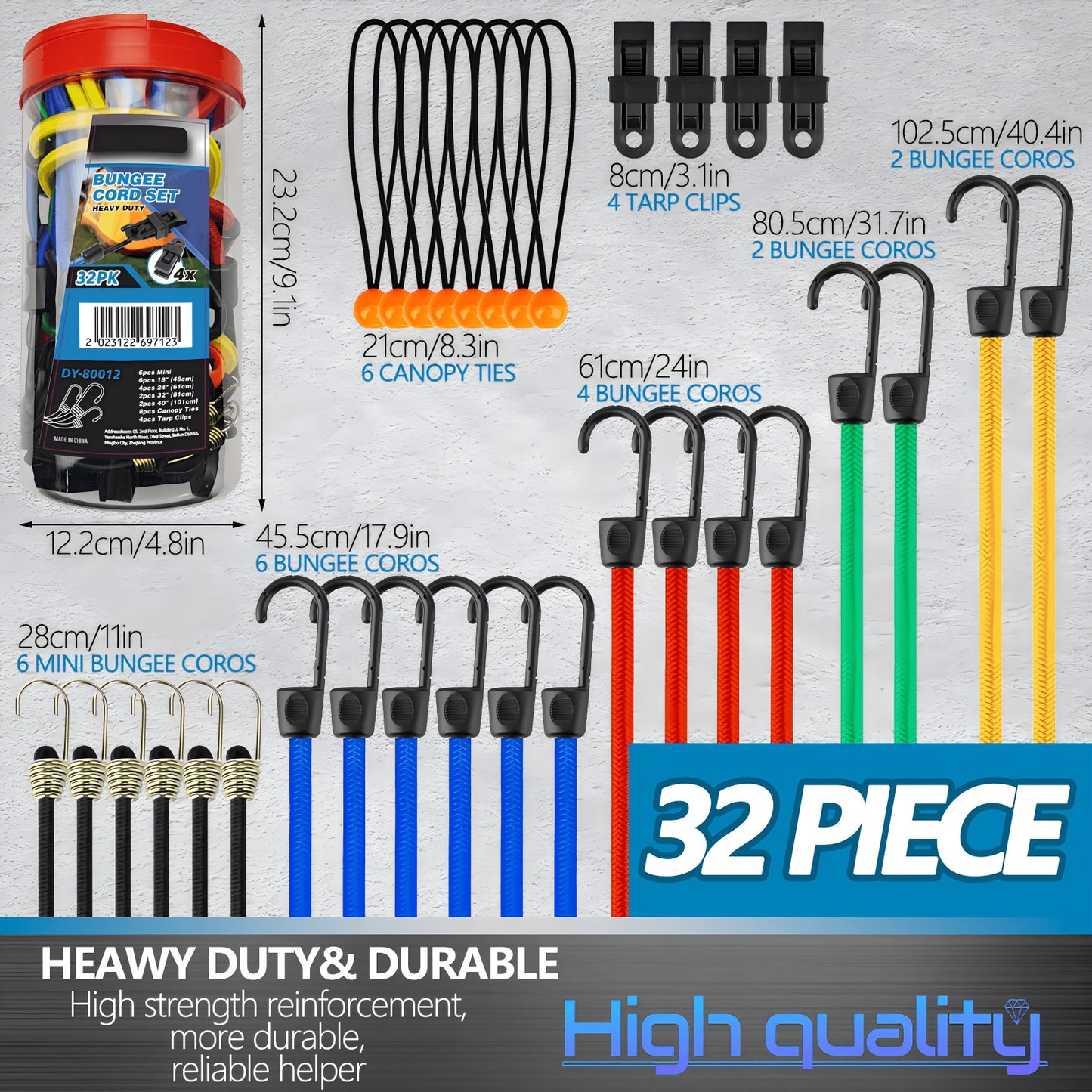 32pcs Bungee Cords Assortment Jar Includes 10" 18" 24" 32" 40" Bungee Cord with Hooks, 8" Canopy Tarp Ball Ties And Tarp Clips