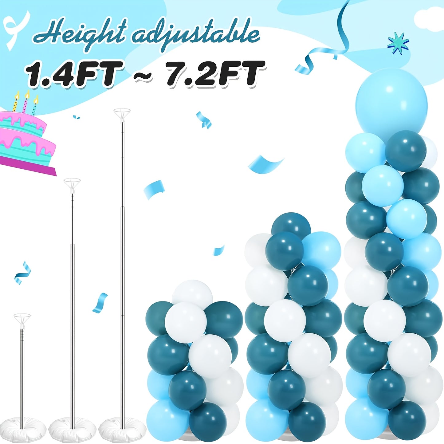 A Set of Two Balloon Column Stands with a Reusable Telescopic Design, Adjustable in Height from 1.57 to 7 Feet. The Balloon Stands Are Easy to Assemble and Disassemble. Includes a Balloon Pump. Suitable for Weddings, Graduations, and Birthday