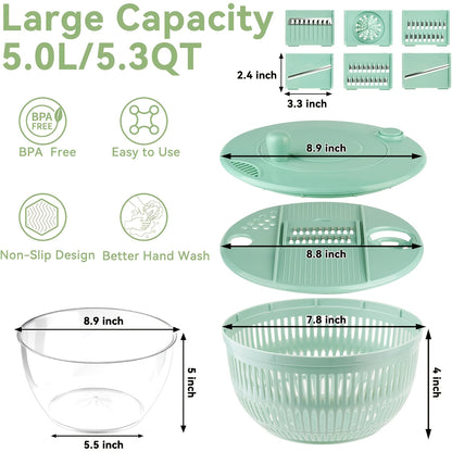 Salad Spinner Large 3-in-1 with 5-Blade Slicer & Egg Yolk Strainer – 5.3 Qt Vegetable Washing Bowl & Lettuce Spinner for Efficient Salad Prep – BPA-Free Kitchen Tool for Fruits, Greens & Meal Prep