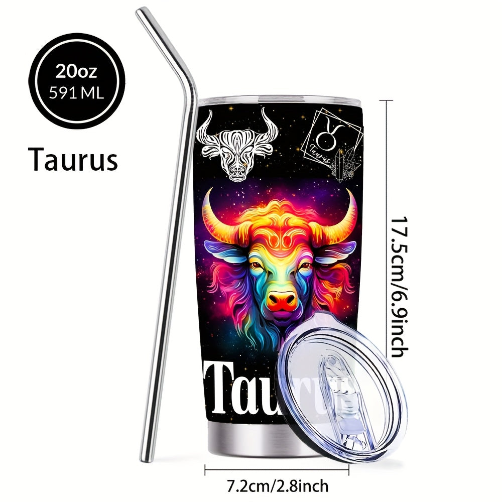 Zodiac Sign Design Coffee Mug, 304 Stainless Steel Insulated Tumbler With Lid & Straw, Beverage Container Or Travel Cup For Hot & Cold Drinks, 20oz Camping Drinkware, Ideal Gift For Men, Women, Birthday, Holiday, Parties, Thanksgiving Day, Christmas
