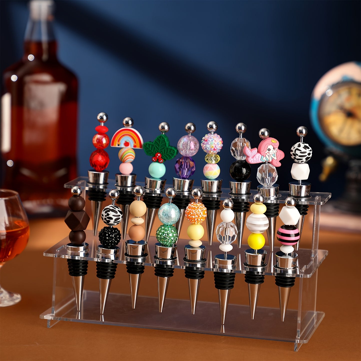 20pcs Beadable Wine Bottle Stoppers And 16 Slot Clear Acrylic 2 Tier Riser Wine Stopper Holder Wine Stopper Display Stand Rack for Countertop, 9.45''L X 4.72''H X 3.94''W