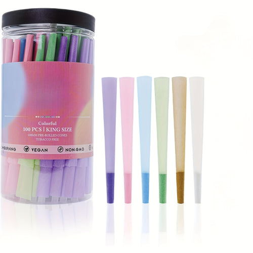 Pre-Rolled Cones 100 Pack King Size 109mm – Tapered Paper Cones with Filter Tips & Packing Tubes Included, Mixed Color, Ready to Fill