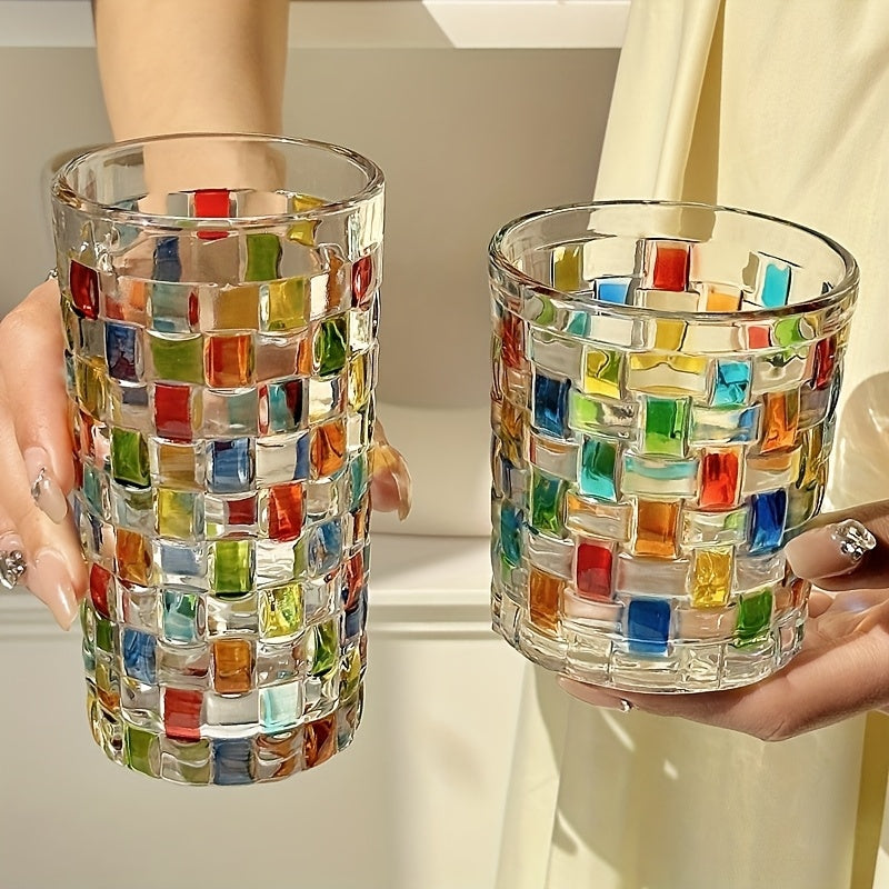 2pcs/4pcs Hand-painted Square Lattice Woven Glass Water Glass Juice Glass Whiskey Glass Hand-painted Colorful Glass Beer Glass, Home Bar Essentials, Entertaining Glassware, Decorative Glassware, Artistic Drinkware, Highquality Glassware, Handcrafted Glass