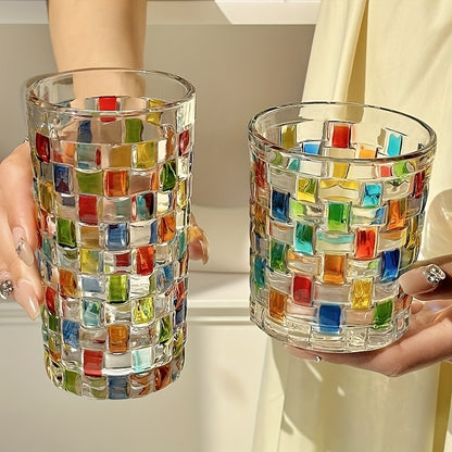 2pcs/4pcs Hand-painted Square Lattice Woven Glass Water Glass Juice Glass Whiskey Glass Hand-painted Colorful Glass Beer Glass, Home Bar Essentials, Entertaining Glassware, Decorative Glassware, Artistic Drinkware, Highquality Glassware, Handcrafted Glass