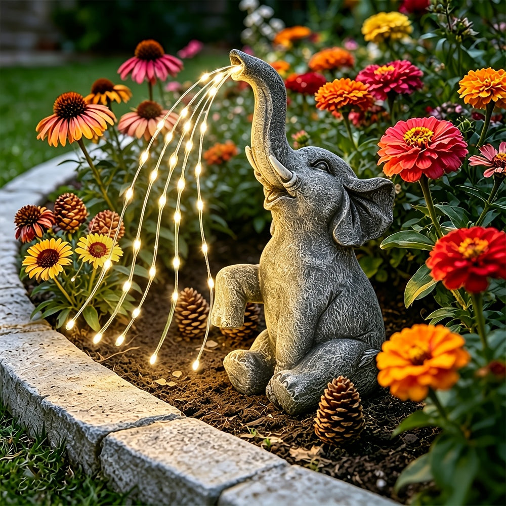 Solar Garden Decoration Water Spraying Elephant Sculpture Outdoor, IP44 Waterproof, LED Lucky Elephant Ornament Garden Lights, Thanksgiving Gift, Patio, Balcony, Porch, Deck, Halloween Decorations, Solar Outdoor Lights, Solar Light Sculpture