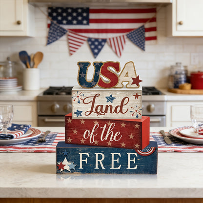 Memorial Patriotic Decorations, 4Th of July Day Tabletop Decorations, Red White Blue Table Decorative Sign for Office Tiered Tray Home Shelf 250Th Anniversary Gift