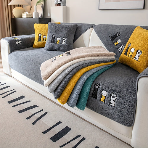 1pc Thickened Sherpa Sofa Couch Cover with Embroidered Cute Cat Paw , Thick Plush Seat Cushion Protector, Fuzzy Non Slip Sofa Slipcover, Pet-Friendly And Machine Washable Furniture Protector, Home Decor